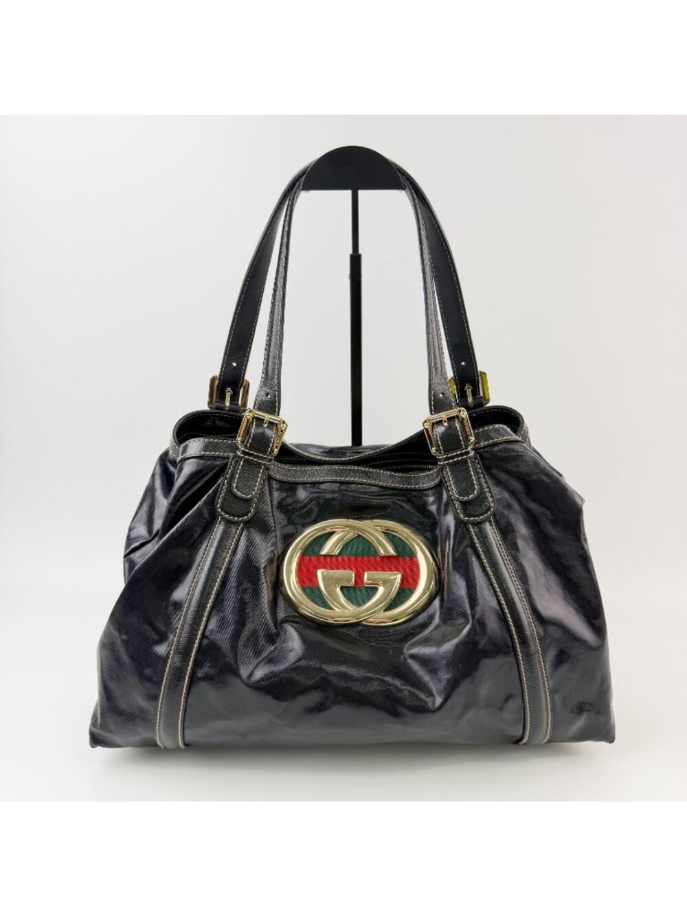 Gucci Brit Interlocking G Sherry Line Tote Shoulder Bag Patent Leather Black
